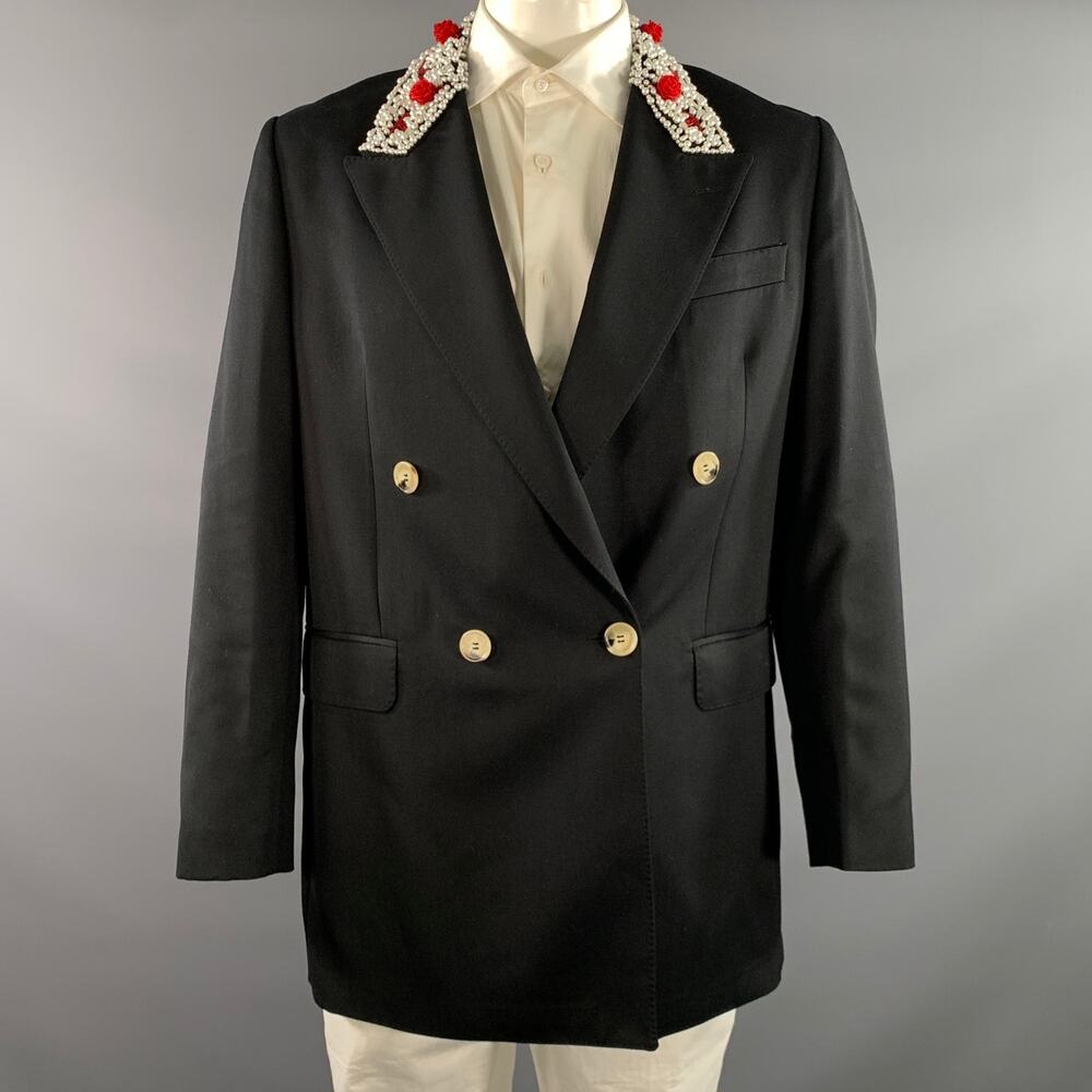 SIMONE ROCHA Chest Size L Black Red & White Beaded Wool Blend Sport Coat